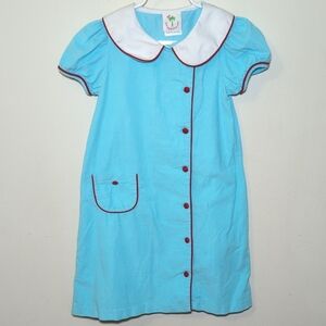 Shrimp & Grits Retro Corduroy Dress Peter Pan Collar Blue + Red Accents Size 6